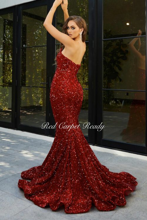 Plunging V Neck Dark Red Sequin Feather Prom Dress - Xdressy